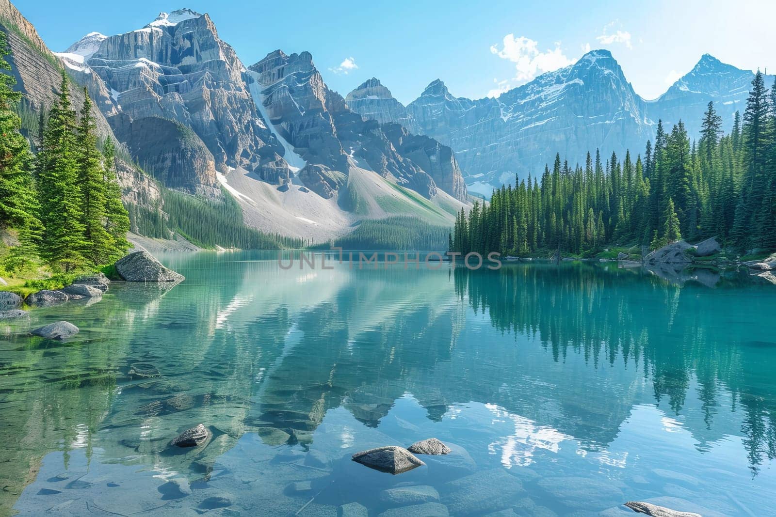 Crystal-clear mountain lake surrounded by towering peaks and pine trees