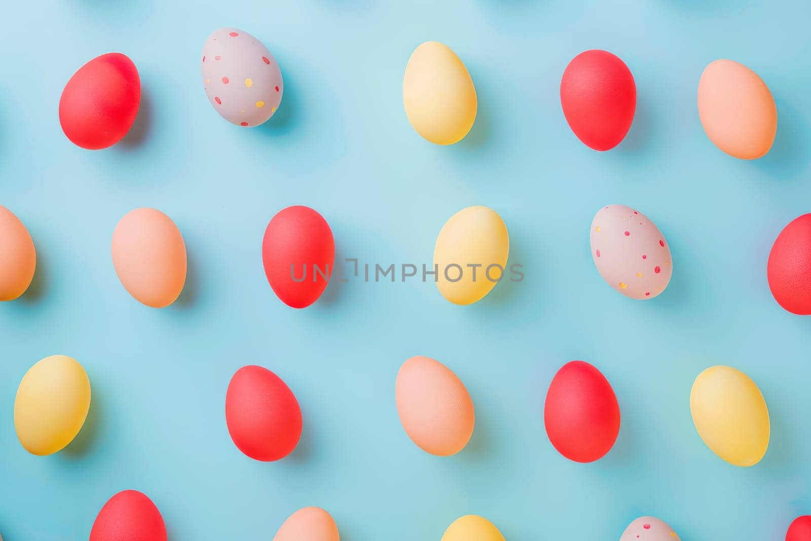 Colorful Easter eggs arranged in a playful pattern against a pastel backdrop