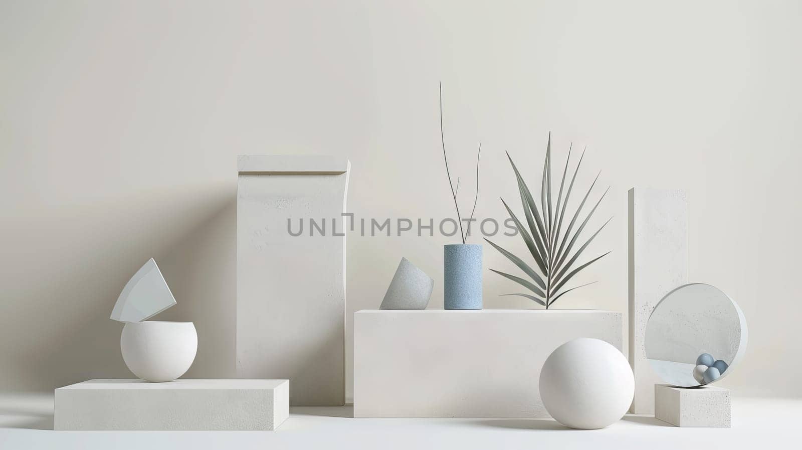 A white background with various white and blue objects arranged on top of white pedestals. The objects include a vase, a bowl, a cup, and a leaf