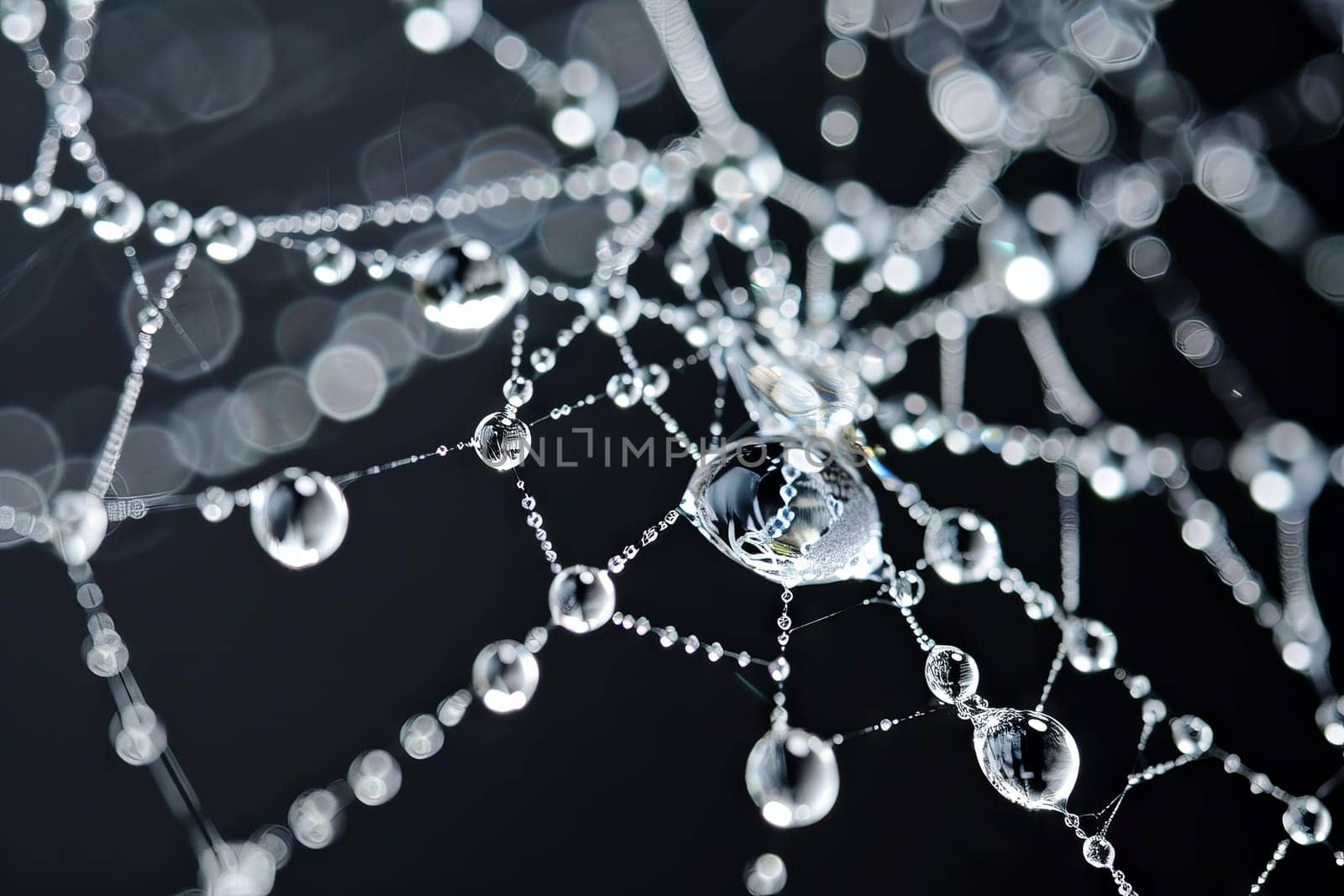 Crystal-clear water droplets caught in the delicate strands of a spider's web