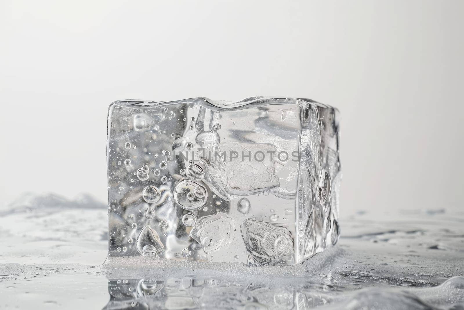 Crystal-clear ice block with trapped air bubbles on a soft transparent white backdrop, adding a touch of frozen fascination
