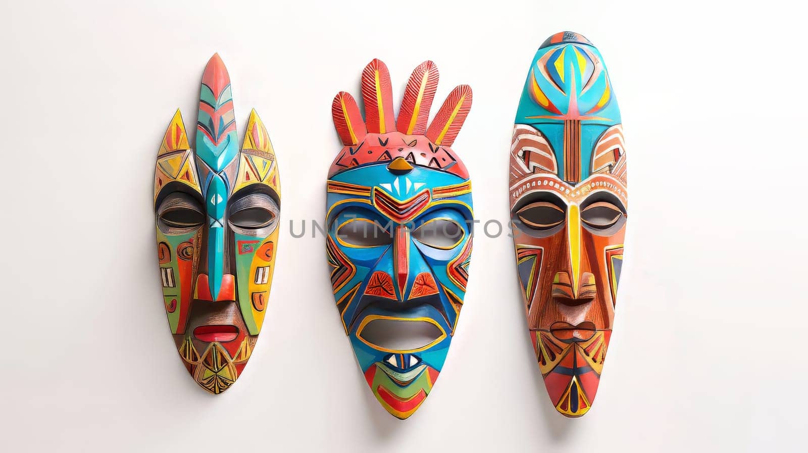 Three masks with different colors and designs. The masks are hanging on a white wall. The masks have a tribal or exotic look to them