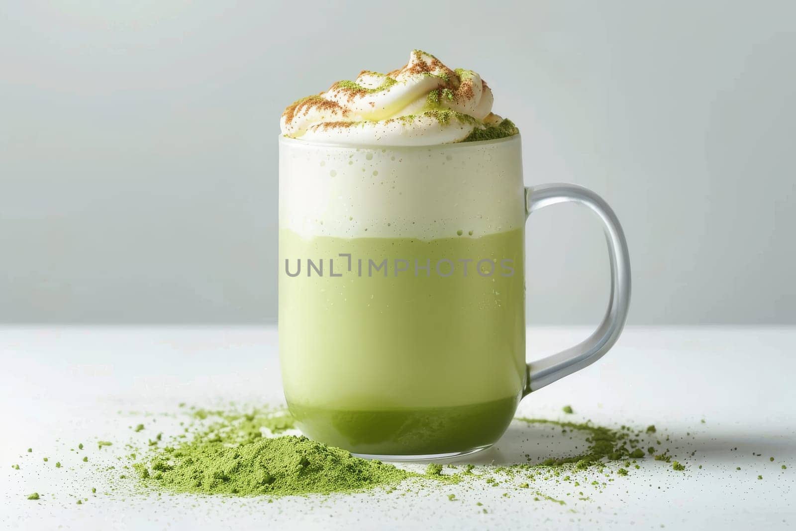 A cup of green tea with a white foam on top. The foam is made of whipped cream and has a sprinkle of green powder on top