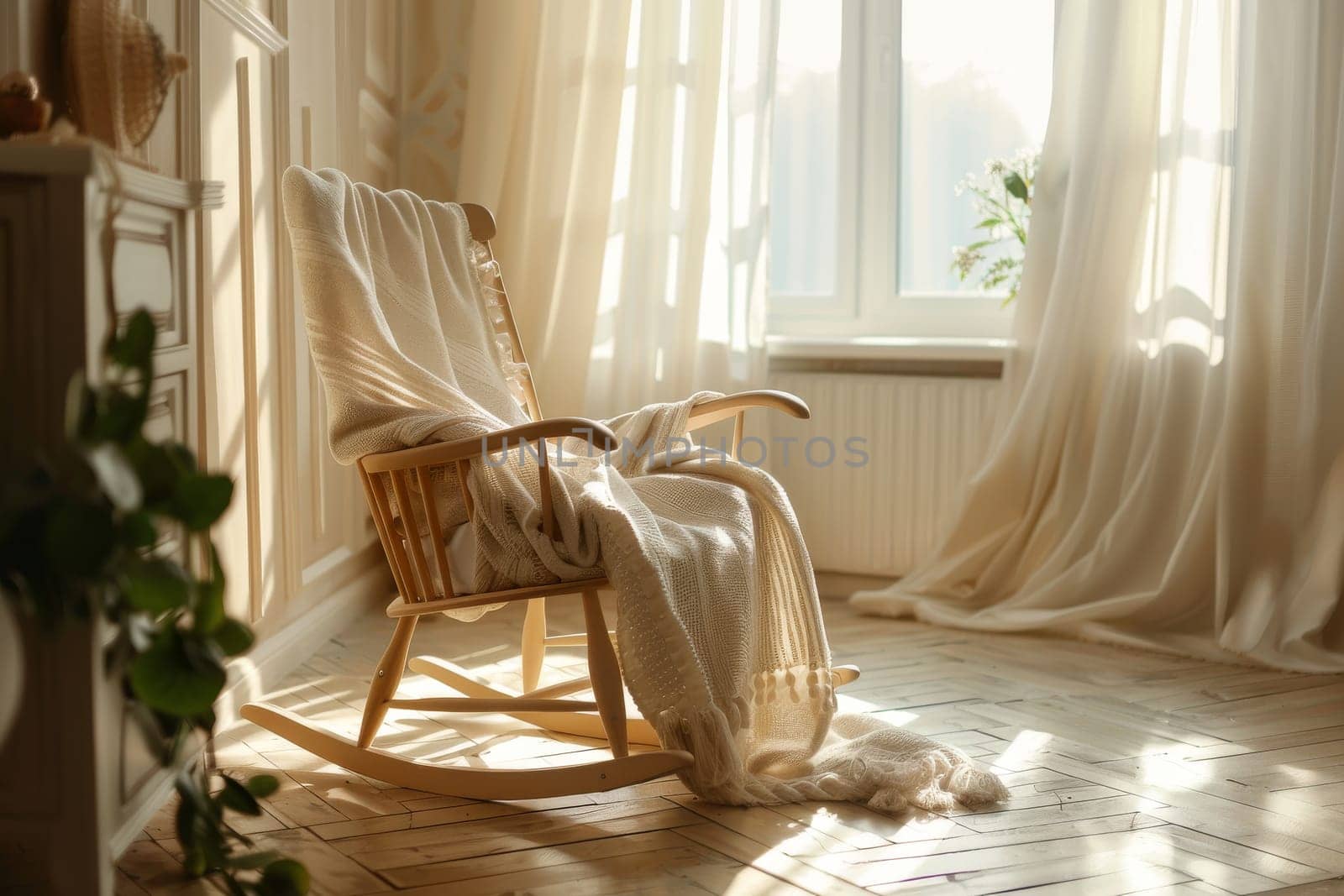 Cozy bedroom interior with a rocking chair and soft blankets, inviting parents to sing lullabies to their little ones
