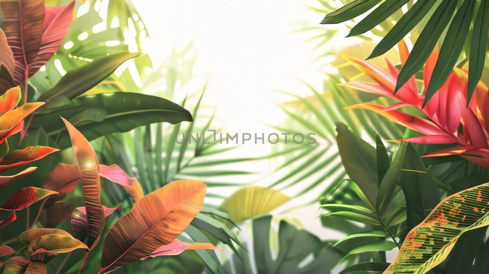 A lush green jungle with a bright yellow and red leafy plant in the foreground. The jungle is full of life and color, with a sense of adventure and exploration