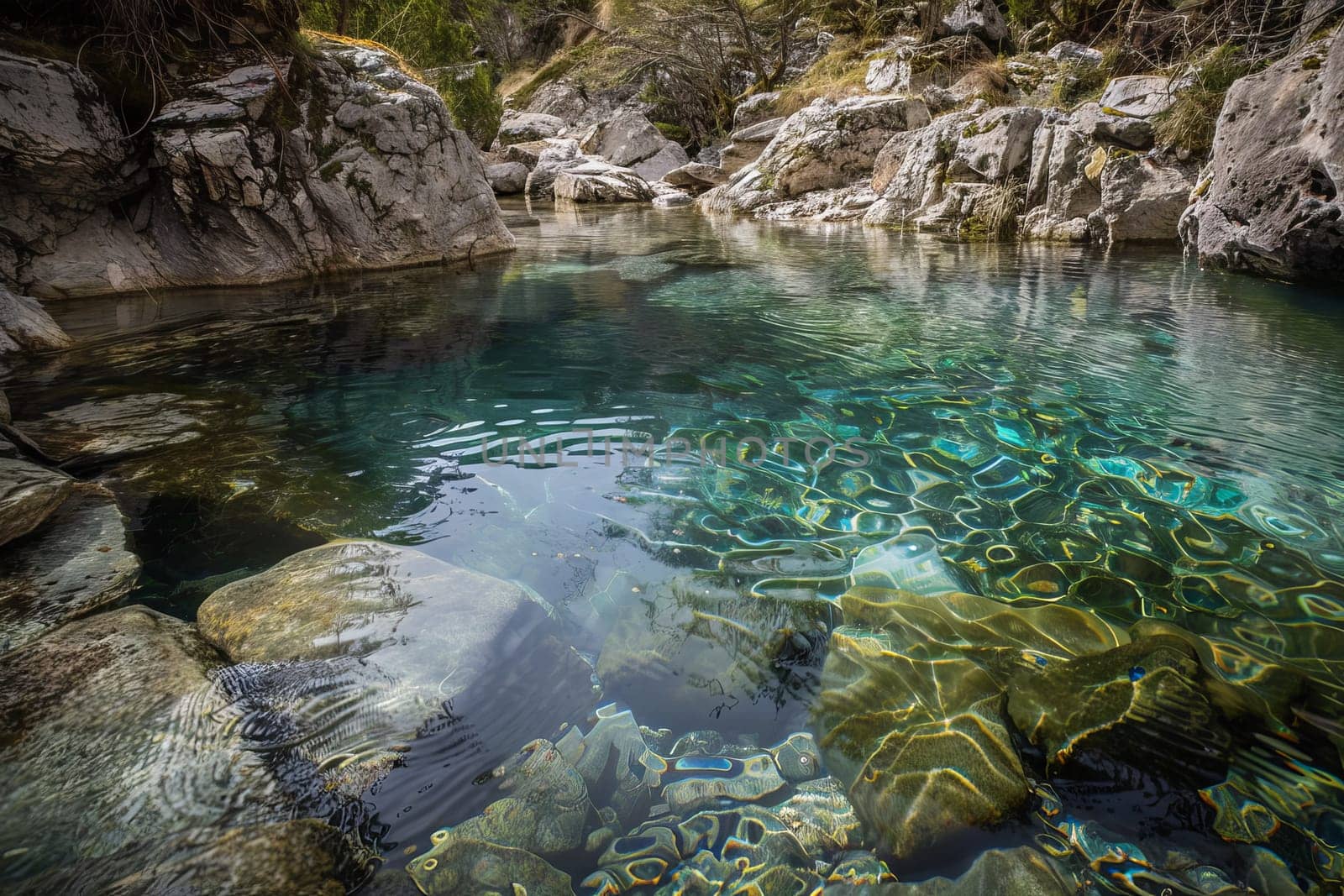 Crystal-clear water of a natural hot spring in the wilderness