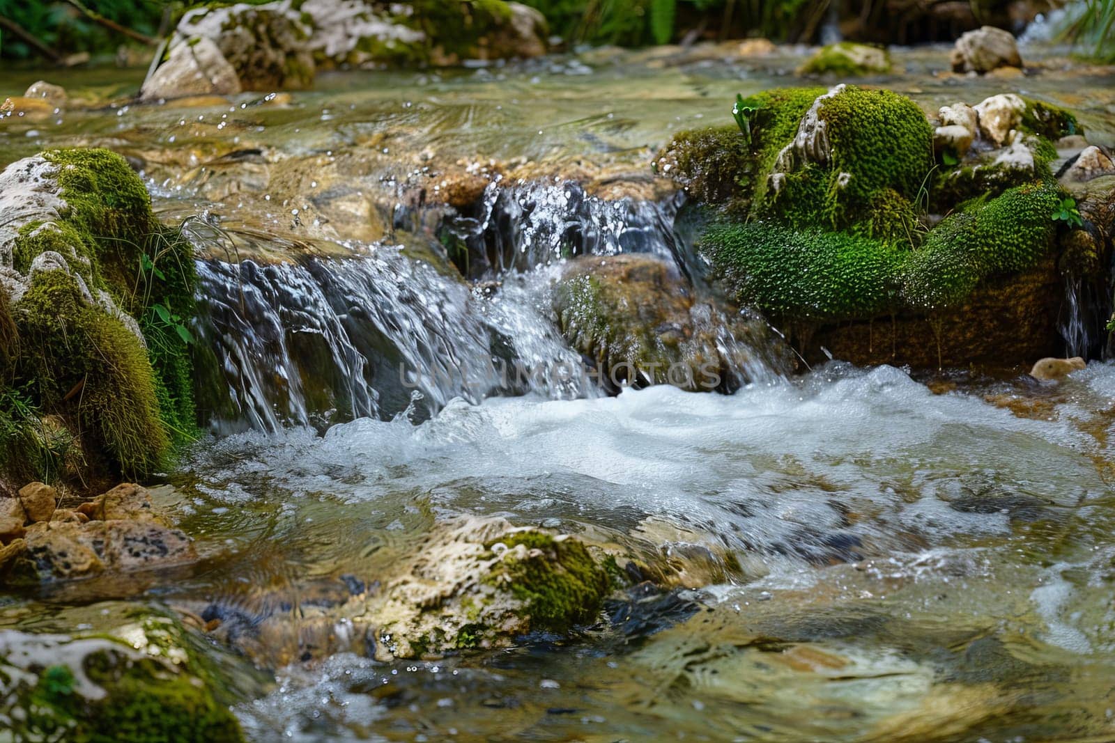 Crystal-clear water of a mountain stream flowing over mossy rocks