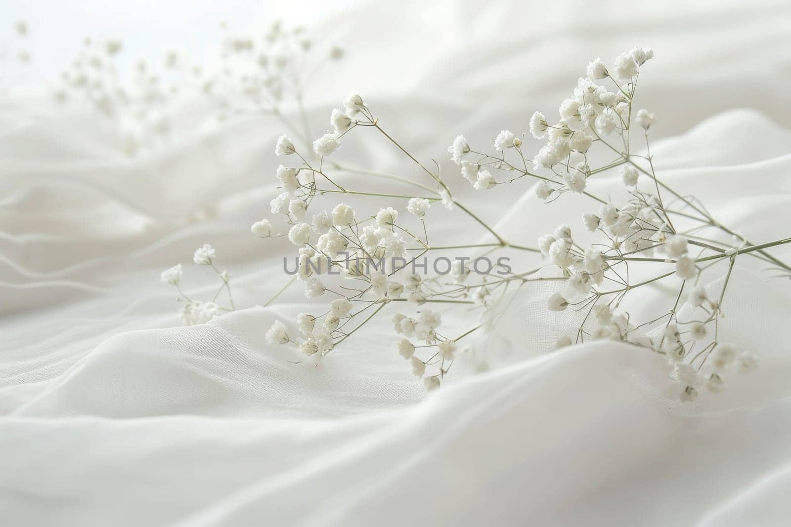 Delicate baby's breath sprigs on a soft transparent white surface, perfect for ethereal compositions