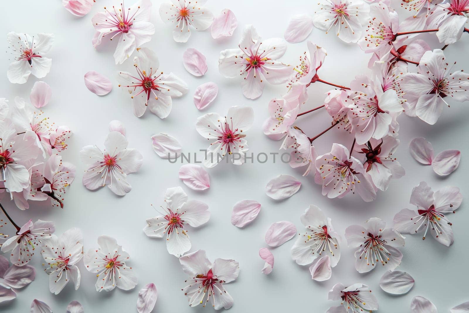 Delicate cherry blossom petals on a transparent white surface, ideal for delicate compositions