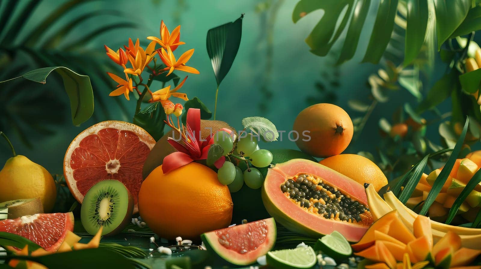 A colorful fruit display with a variety of fruits including oranges, kiwis, grapes, and bananas