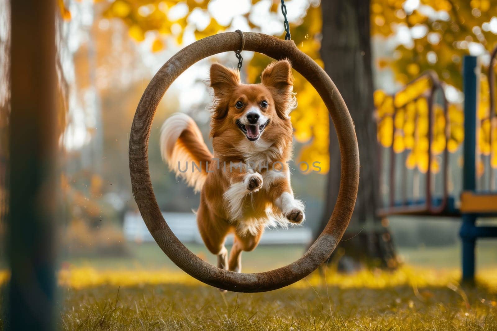 Dog excitedly jumping through a hoop during agility training