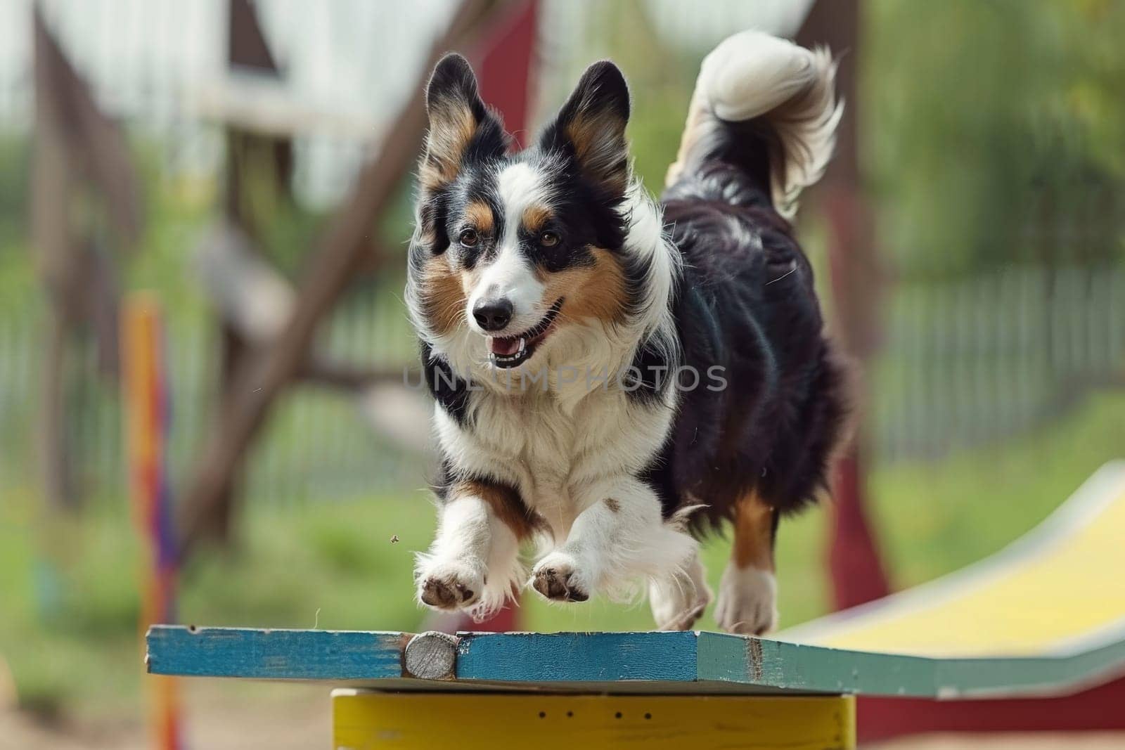 Dog confidently navigating a balance beam during agility training