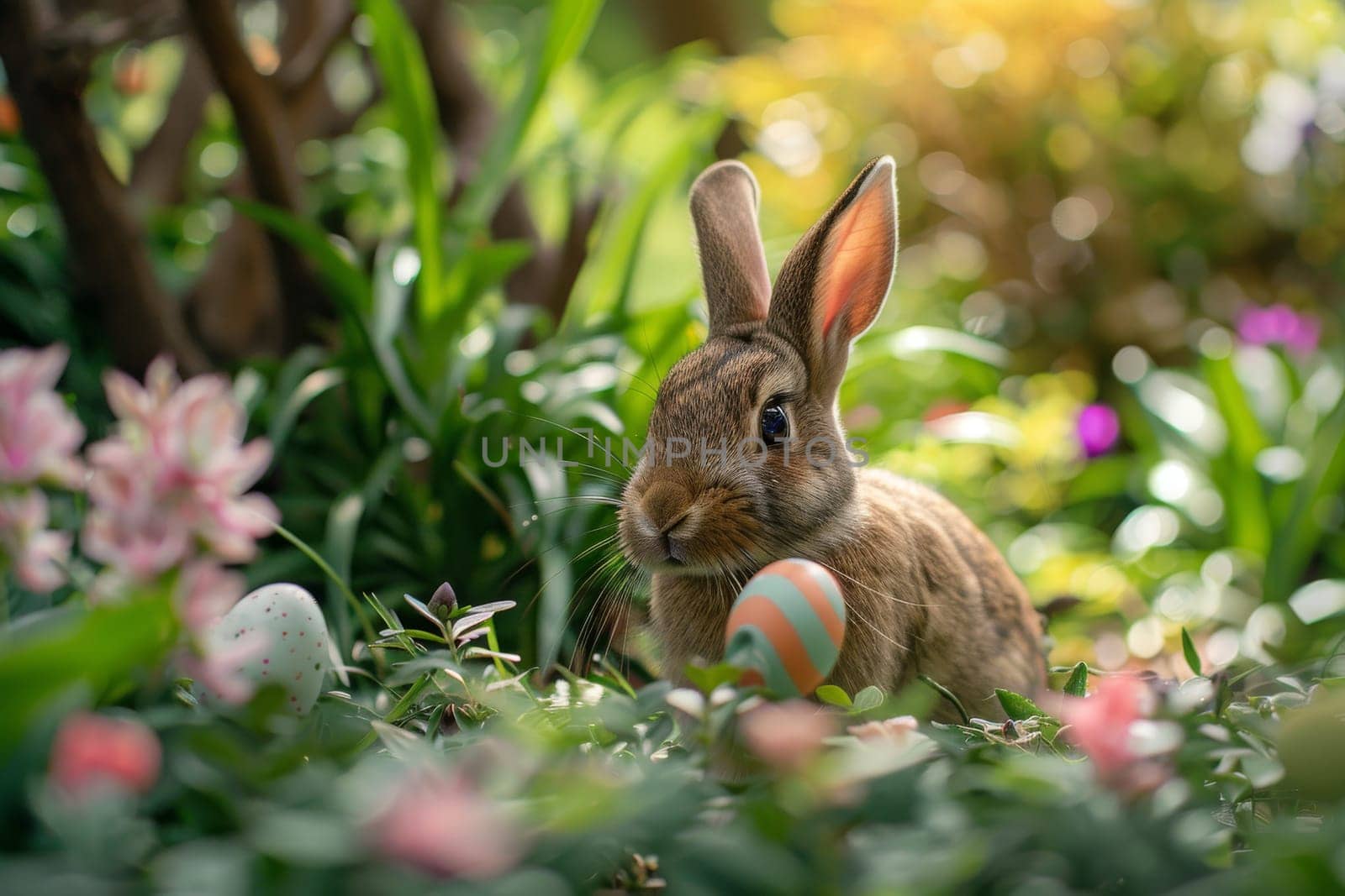 Easter bunny hiding eggs in a lush spring garden