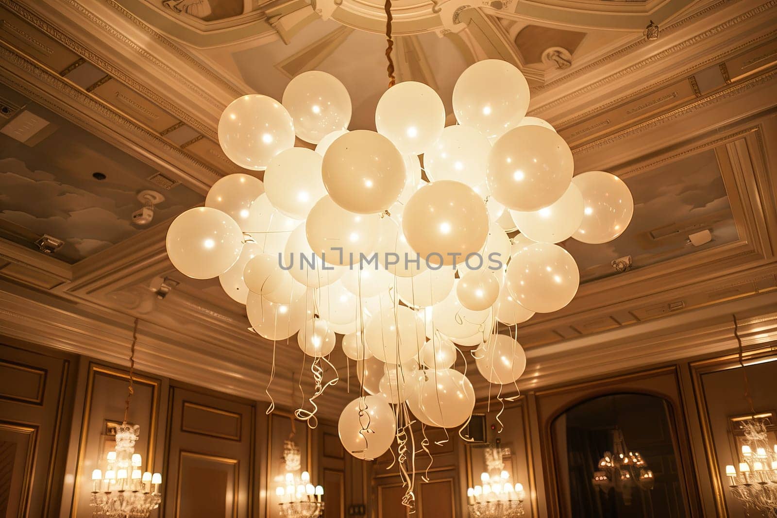 Elegant balloon chandelier suspended from the ceiling at a formal event, adding a touch of sophistication