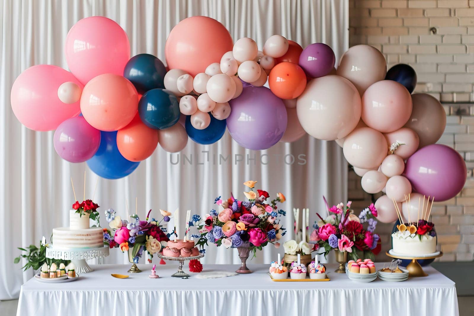 Elegant balloon centerpiece on a dessert table, adding a pop of color to the display