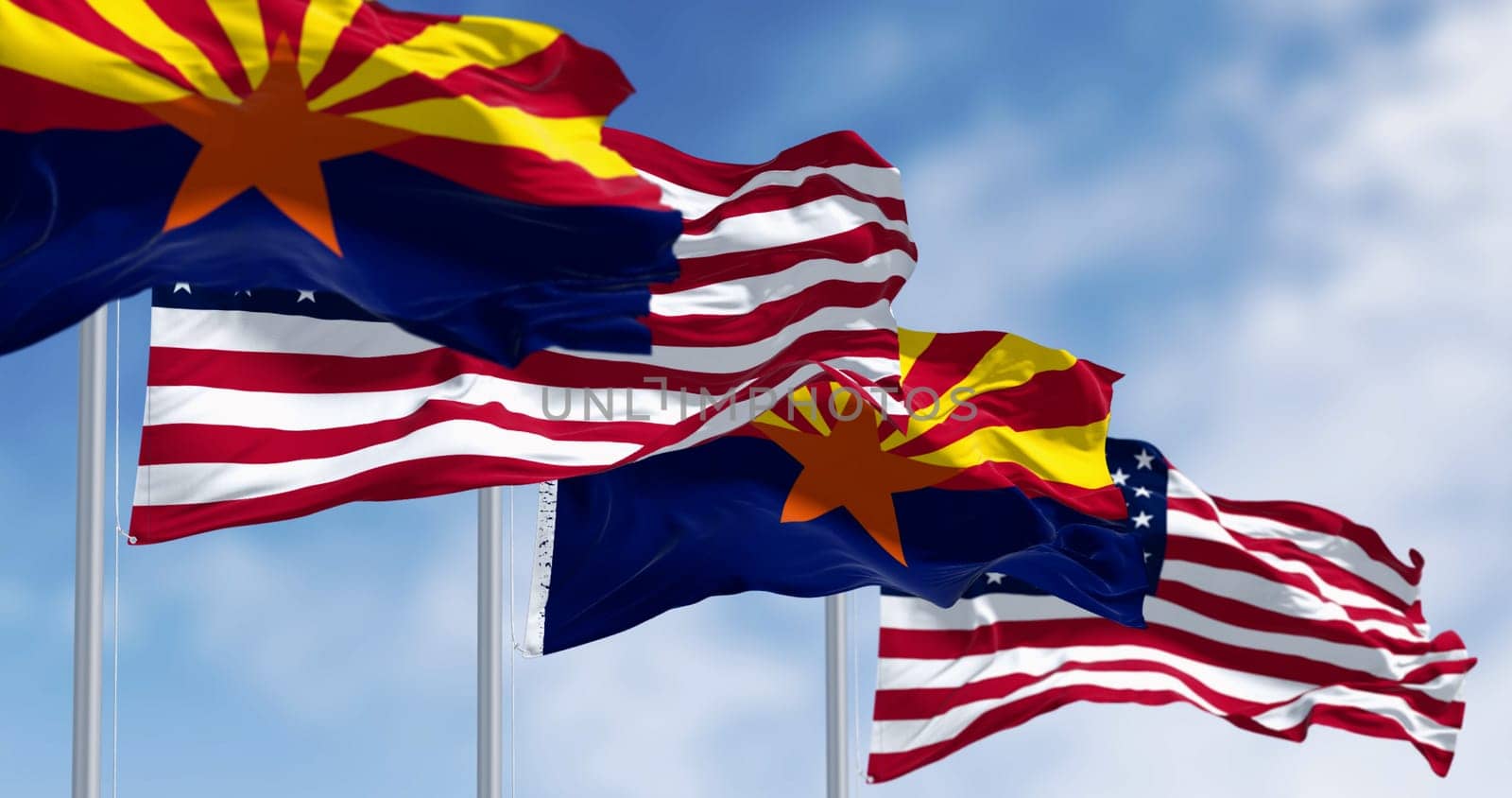 Flags of Arizona and United States waving in the wind on a clear day. Arizona is a state in the Southwestern US. 3d illustration render. Fluttering textile. Selective focus