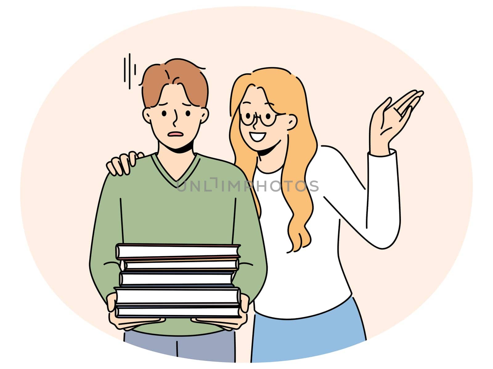 Smiling woman near unhappy stressed man with pile of books tired of studying. Exhausted male with textbook stack for learning near excited friend. Vector illustration.