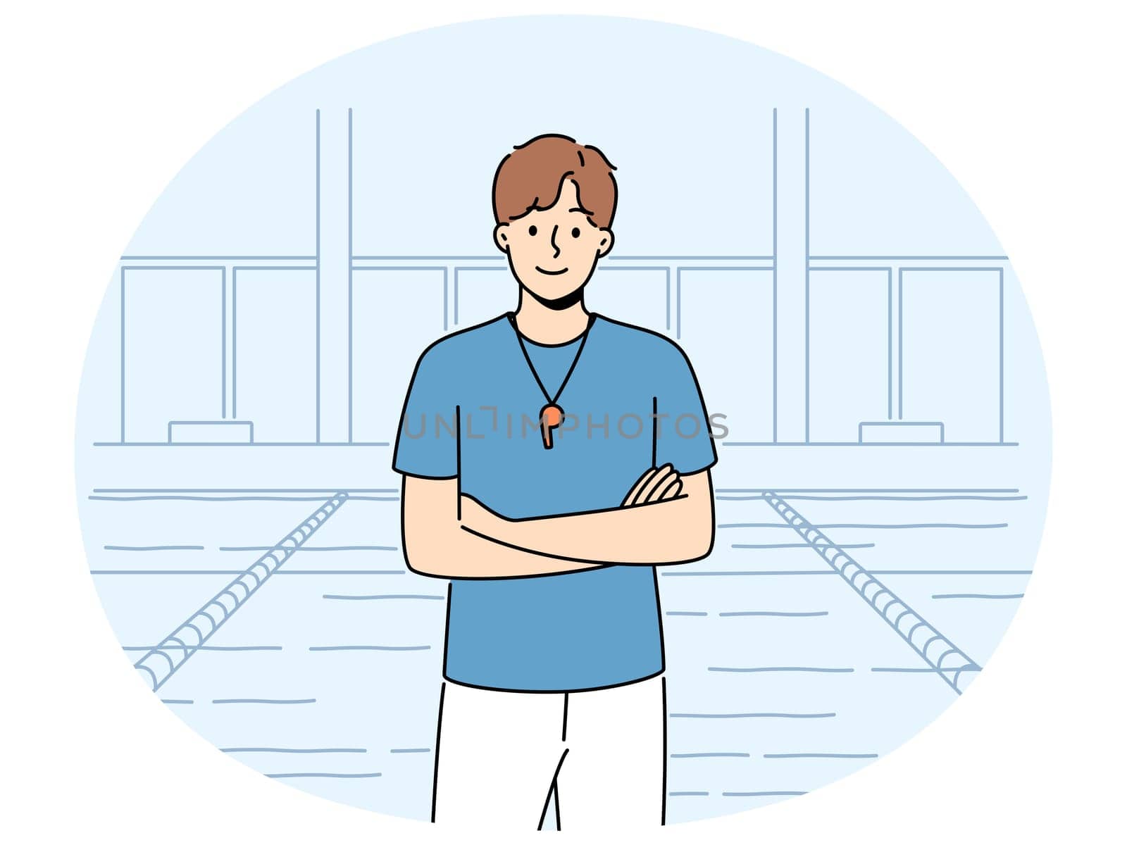 Smiling male swimming coach with whistle standing near pool. Happy lifeguard posing in swimming pool. Occupation concept. Vector illustration.