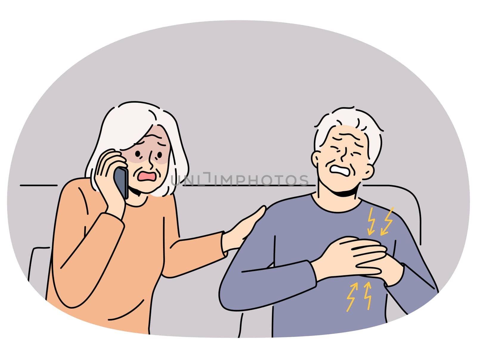 Scared old woman call ambulance worried about mature husband heaving heart attack. Terrified grandmother ring hospital emergency for grandfather suffer from infarct. Vector illustration.