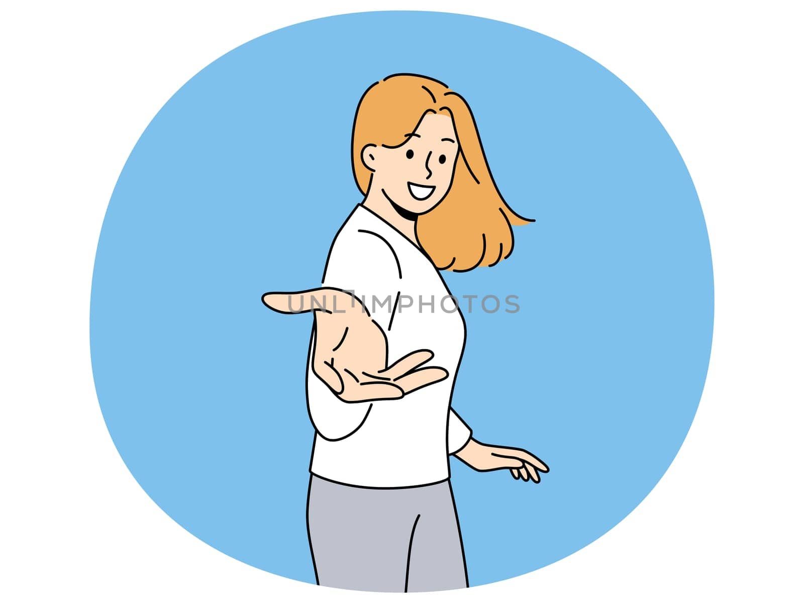 Smiling woman stretch hand to camera invite someone going together. Happy female outstretch arm to screen. Invitation and request. Vector illustration.
