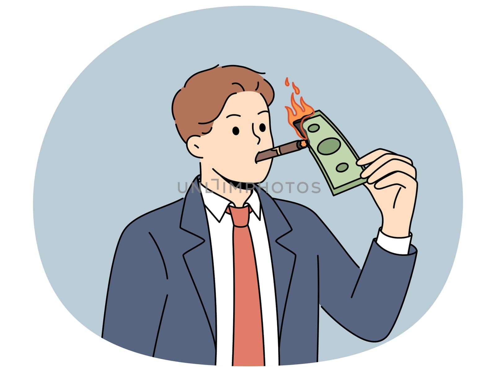 Rich businessman smoking cigar burning dollar banknote. Male millionaire in suit lighting money bill with cigarette fire. Wellbeing and richness. Vector illustration.