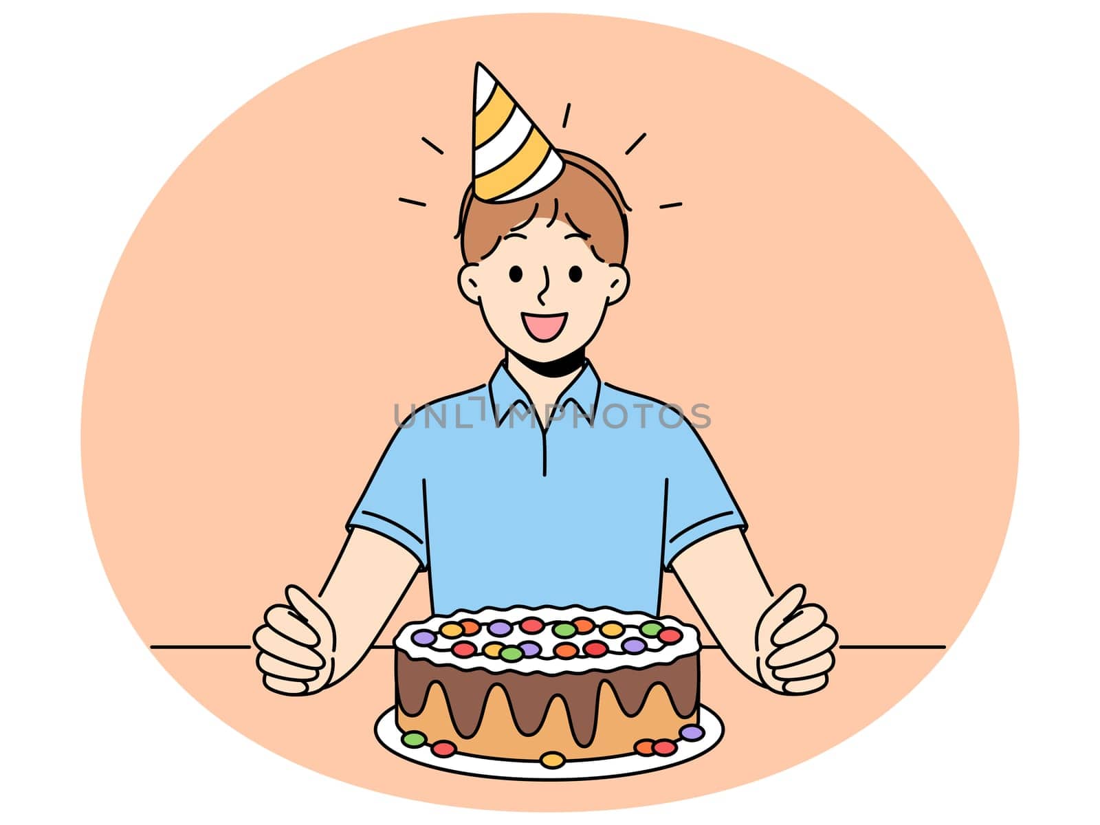 Overjoyed boy child sit at table with birthday hat on head and chocolate cake for special occasion. Smiling kid celebrate anniversary with sweet dessert. Vector illustration.