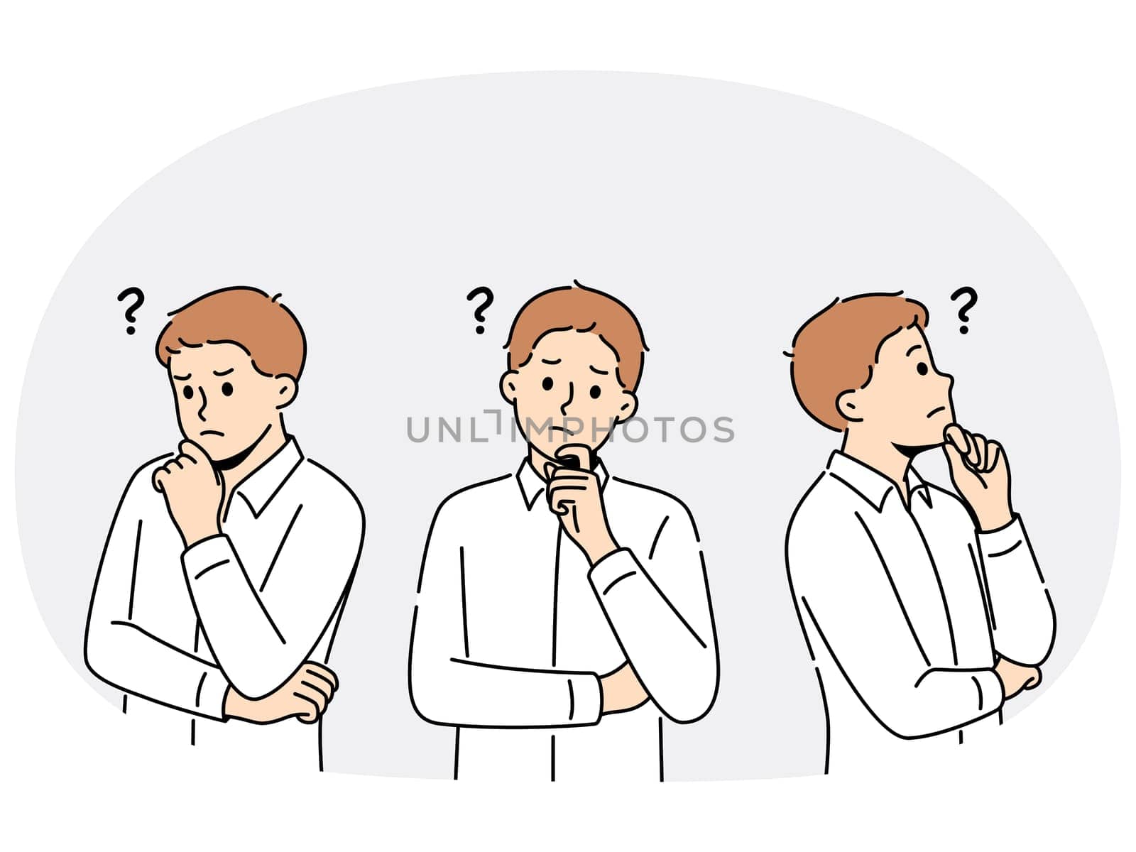 Male employee feel confused looking for problem solution or answer. Businessman frustrated brainstorm search for trouble solving idea. Vector illustration.