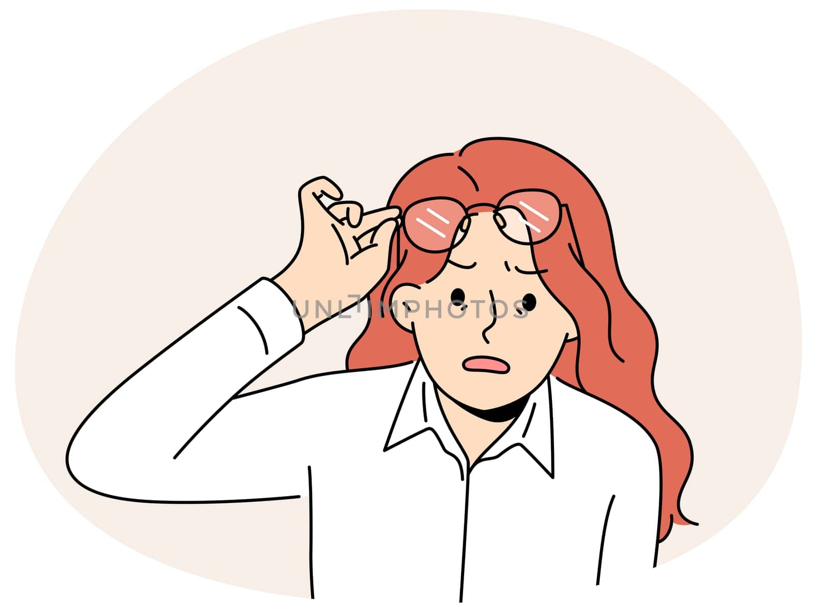 Shocked woman take off glasses astonished with news or message. Surprised female amazed with unbelievable notification. Vector illustration.