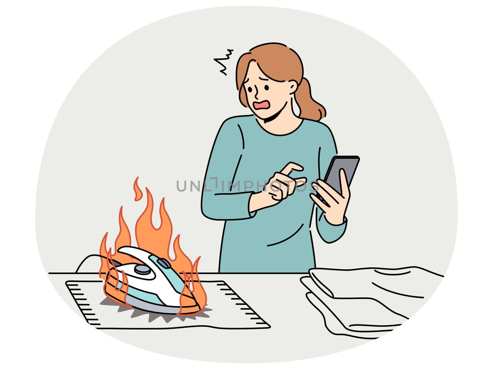 Distracted woman using cellphone burn clothes with iron. Scared housewife chatting on smartphone waste clothing with hot appliance. Vector illustration.