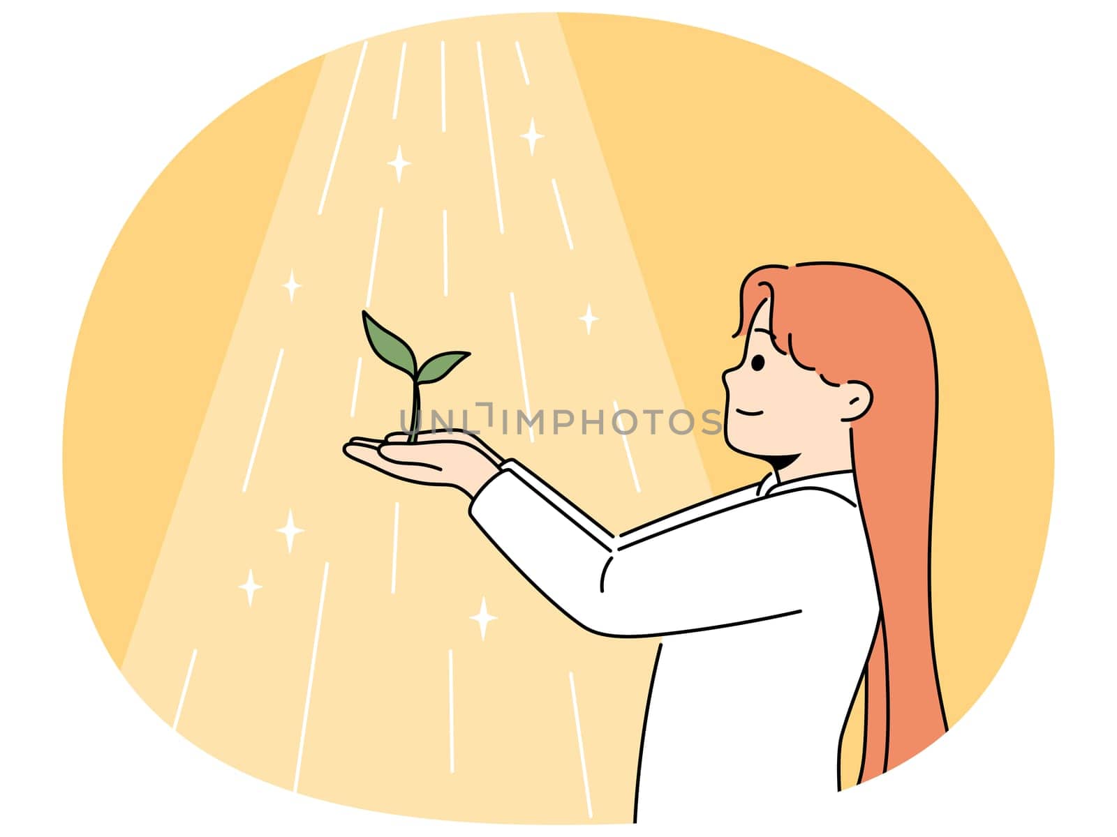 Smiling girl holding seedling in hands at sunlight. Happy child with green plant under sun. ecology and nature lover. Vector illustration.