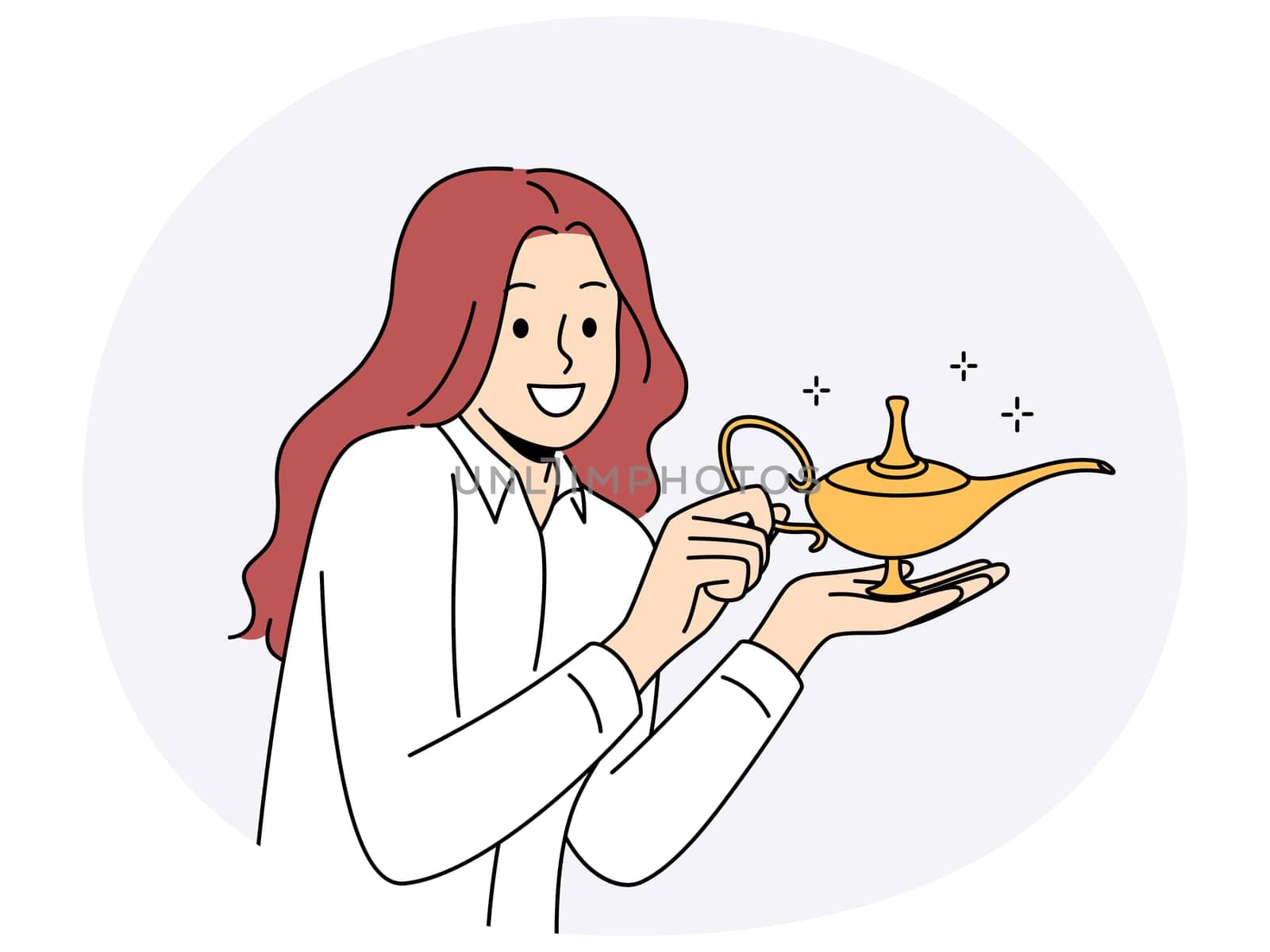 Smiling woman holding Aladdin lamp for granting wishes. Happy businesswoman with magical golden genie lamp in hands. Magic and dreams come true. Vector illustration.