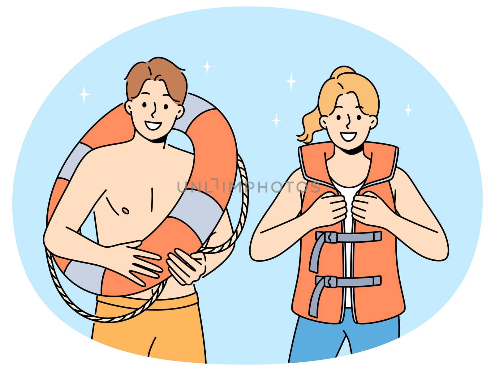 Smiling people in lifejacket and lifebuoy working on seashore. Happy lifeguards in inflatable vest and ring. Life saving and occupation. Vector illustration.
