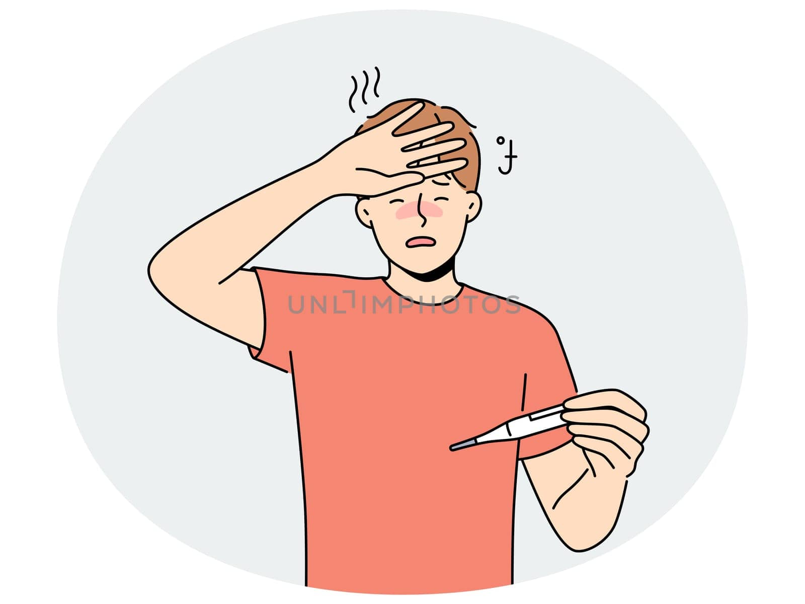 Unwell man suffer from influenza or fever measure high temperature on thermometer. Unhealthy guy struggle with cold of coronavirus. Healthcare. Vector illustration.