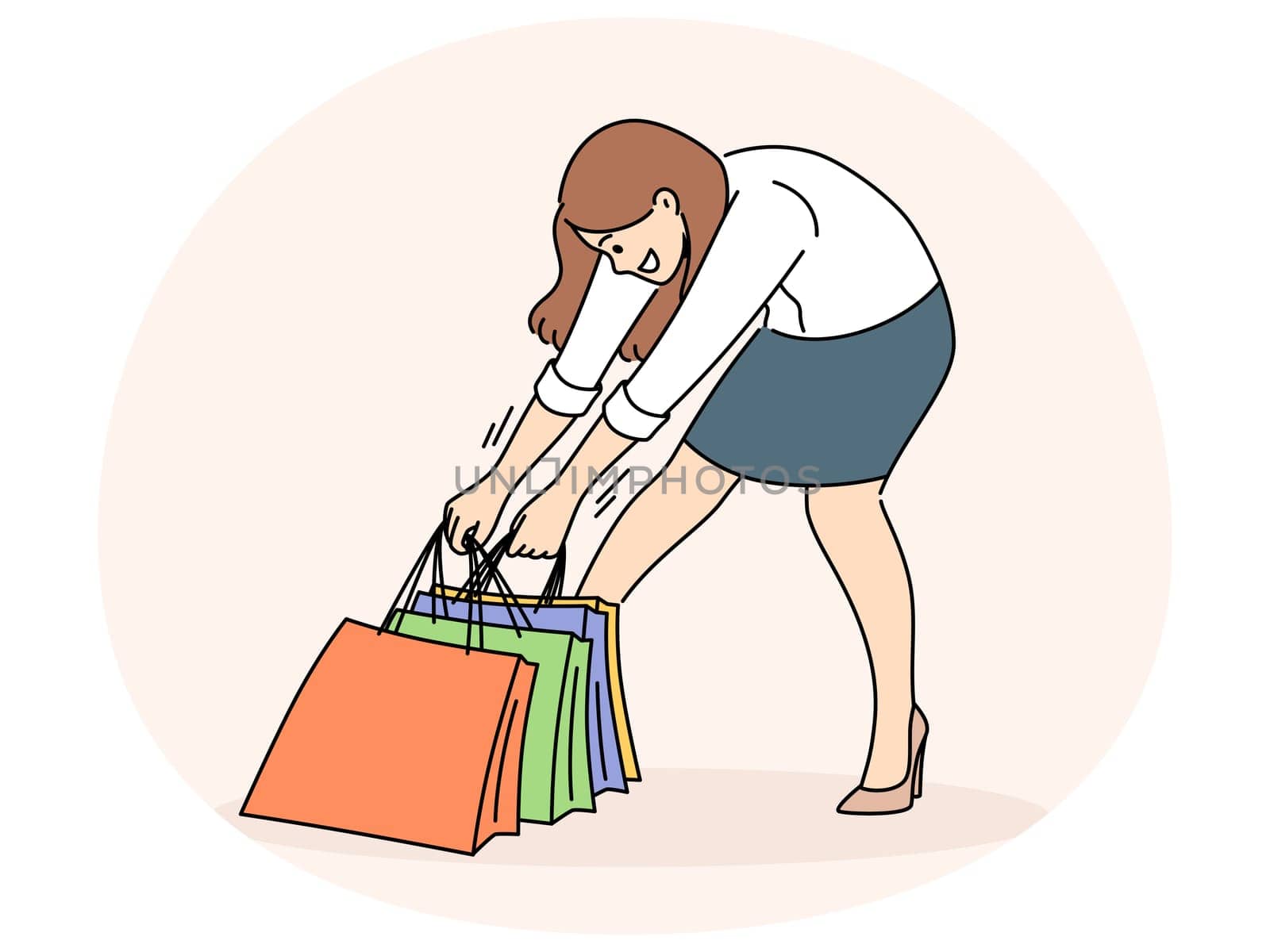 Smiling woman carrying heavy shopping bags. Happy female shopaholic with packages after buying on sales or discounts. Consumerism. Vector illustration.