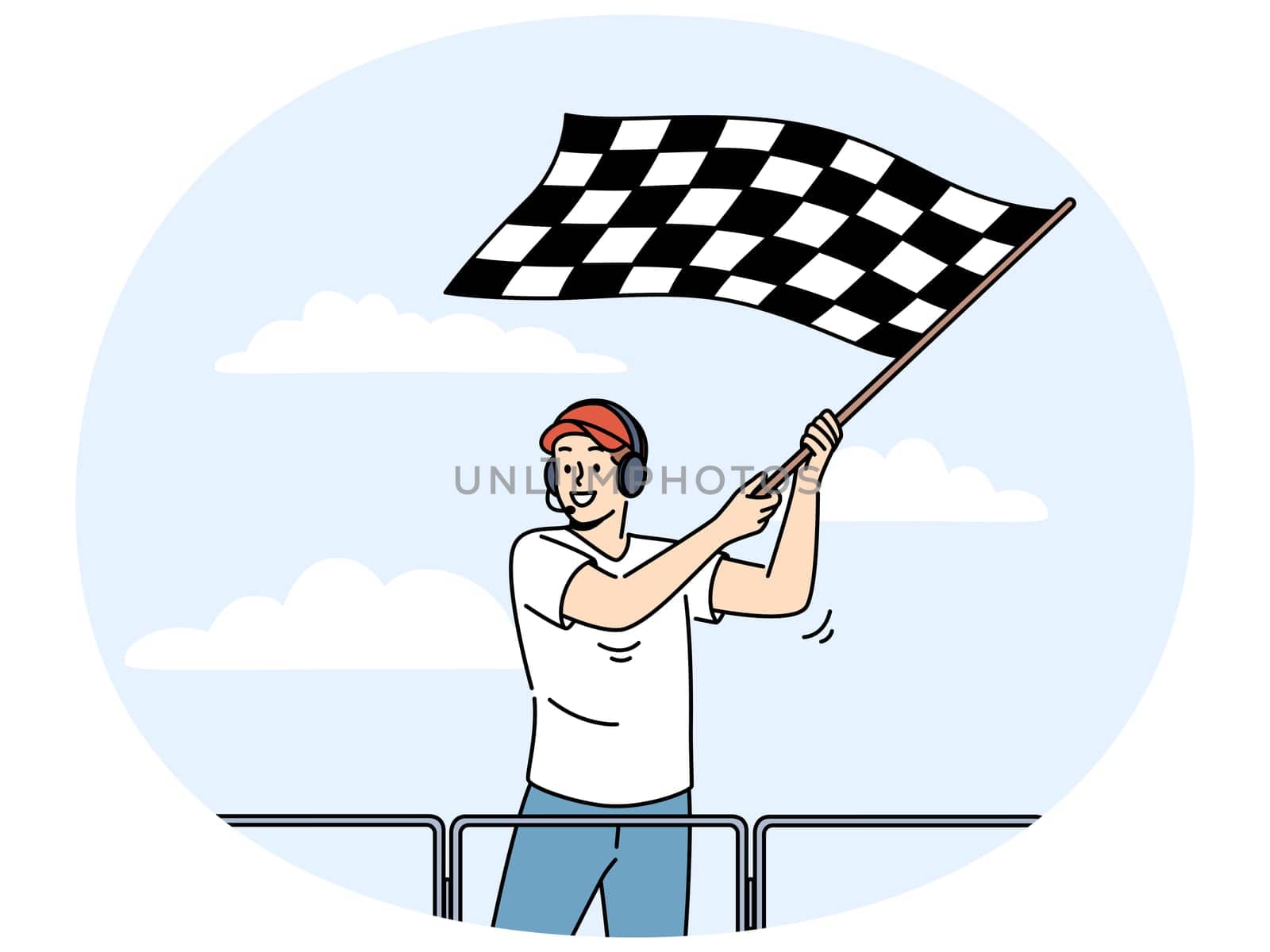 Smiling man in headset waving checkered flag at race on stadium. Happy male employee announce finish of auto racing with flag. Sport competition. Vector illustration.