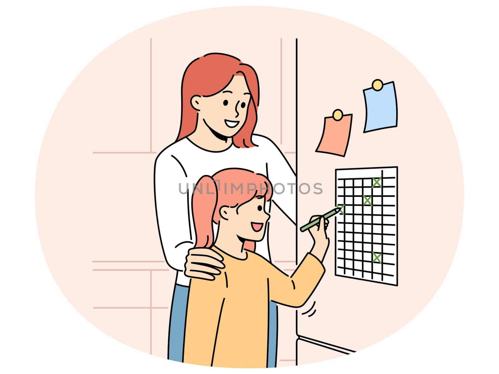 Smiling mother and daughter put marks on to do list on fridge. Happy mom and child check finished daily tasks. Planning and time management. Vector illustration.