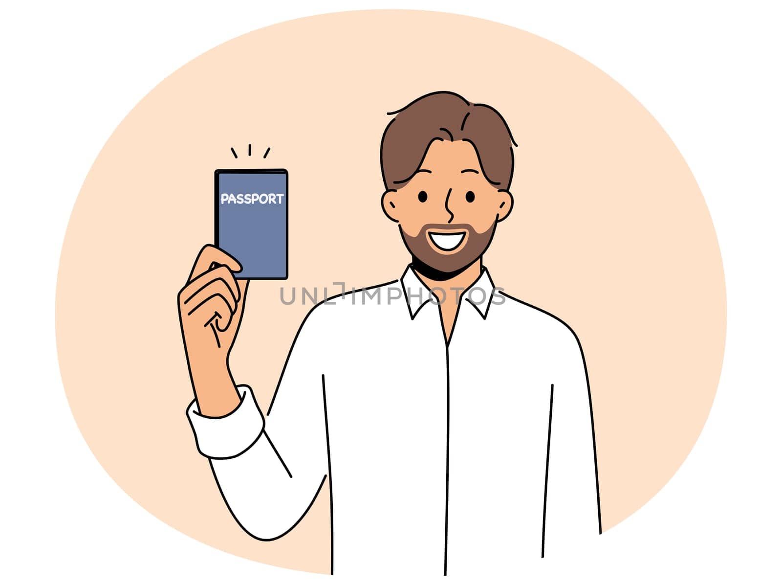 Smiling bearded man showing passport. Happy male citizen receive personal identification document. Official permanent residence and citizenship. Vector illustration.