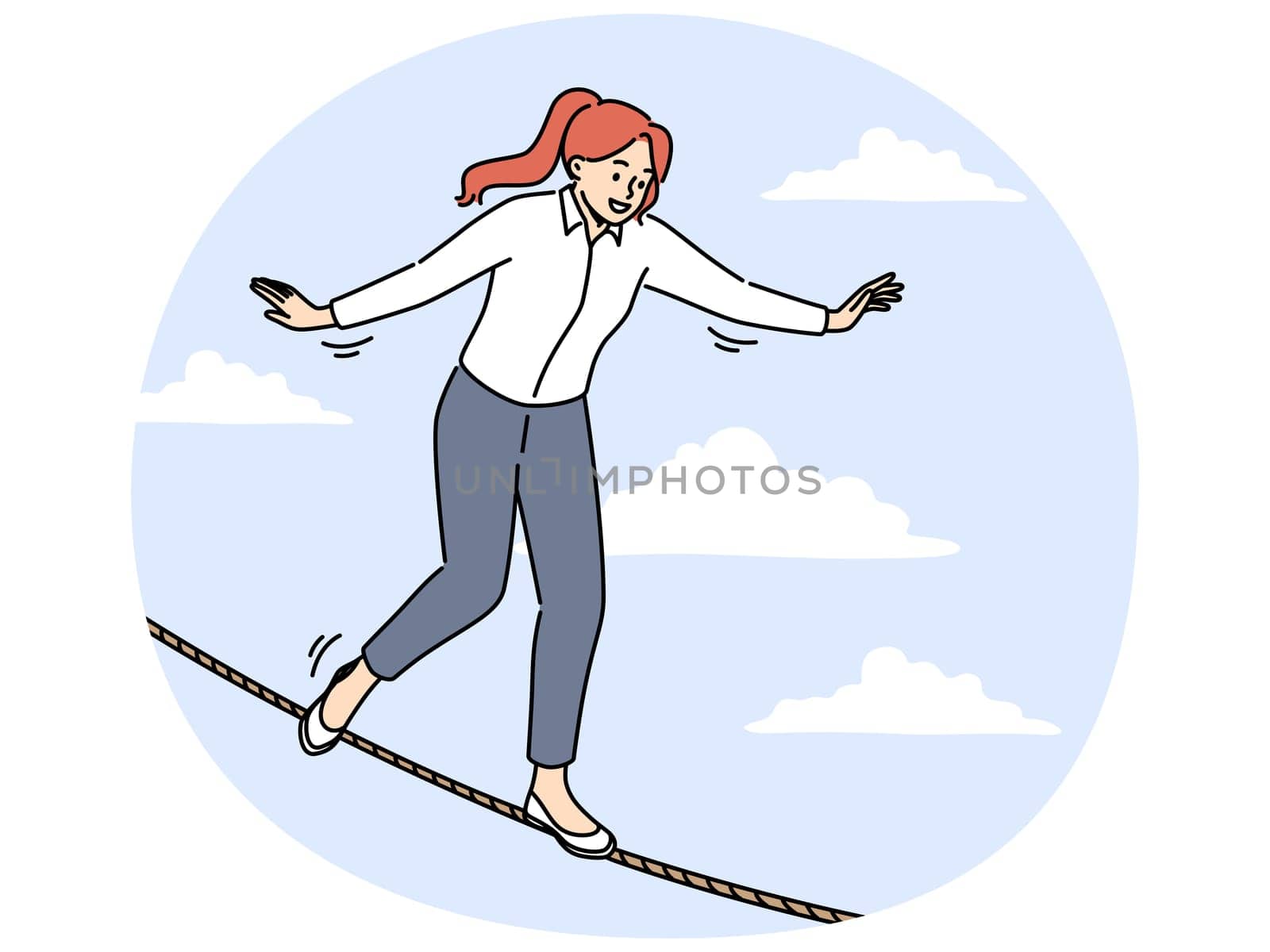 Smiling businesswoman walking on thin rope in air. Female employee balance on line involved in risky and dangerous business. Vector illustration.
