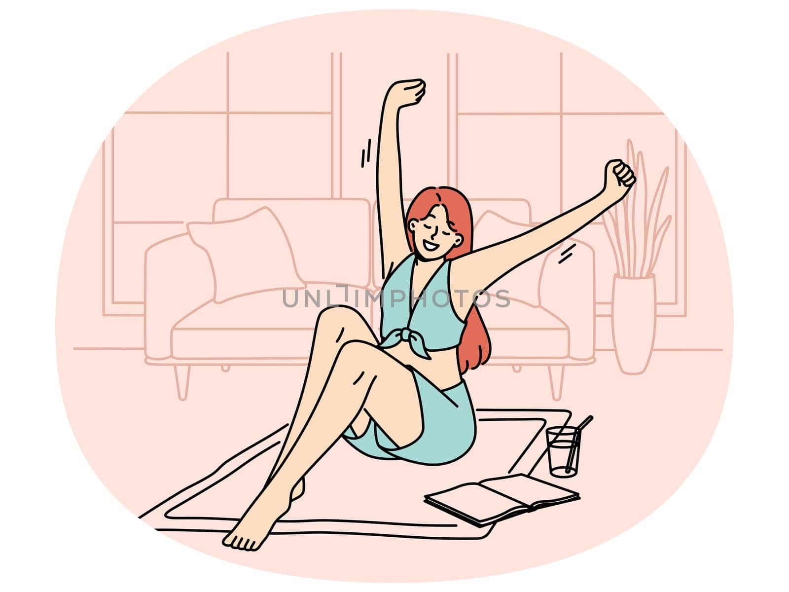 Happy woman stretching on mat at home floor reading book enjoying cold drink. Smiling girl relaxing in apartment on weekend. Vector illustration.