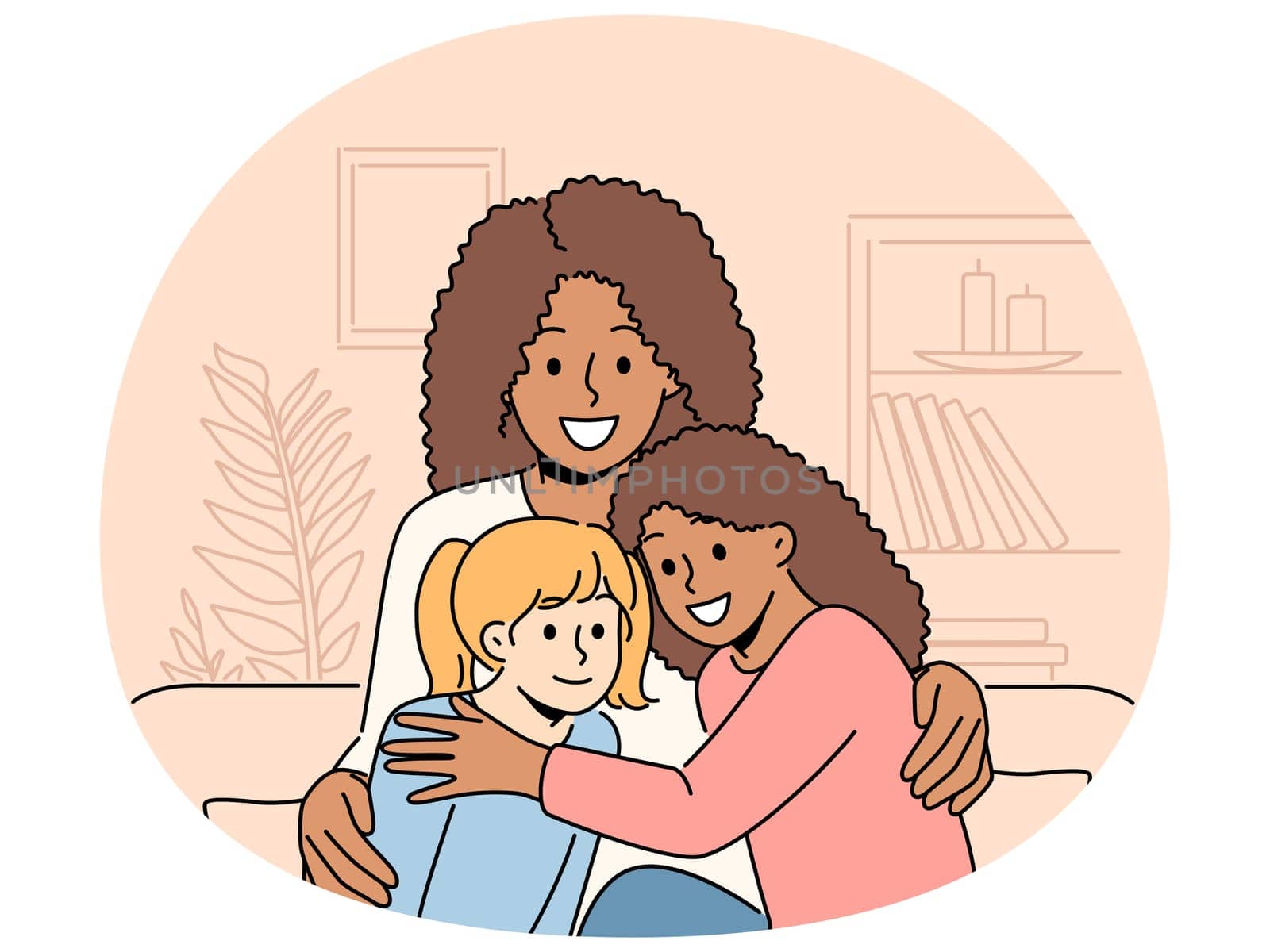 Smiling African American woman sit on couch with multiracial daughters. Happy black mother with multiethnic kids. Concept of adoption. Vector illustration.