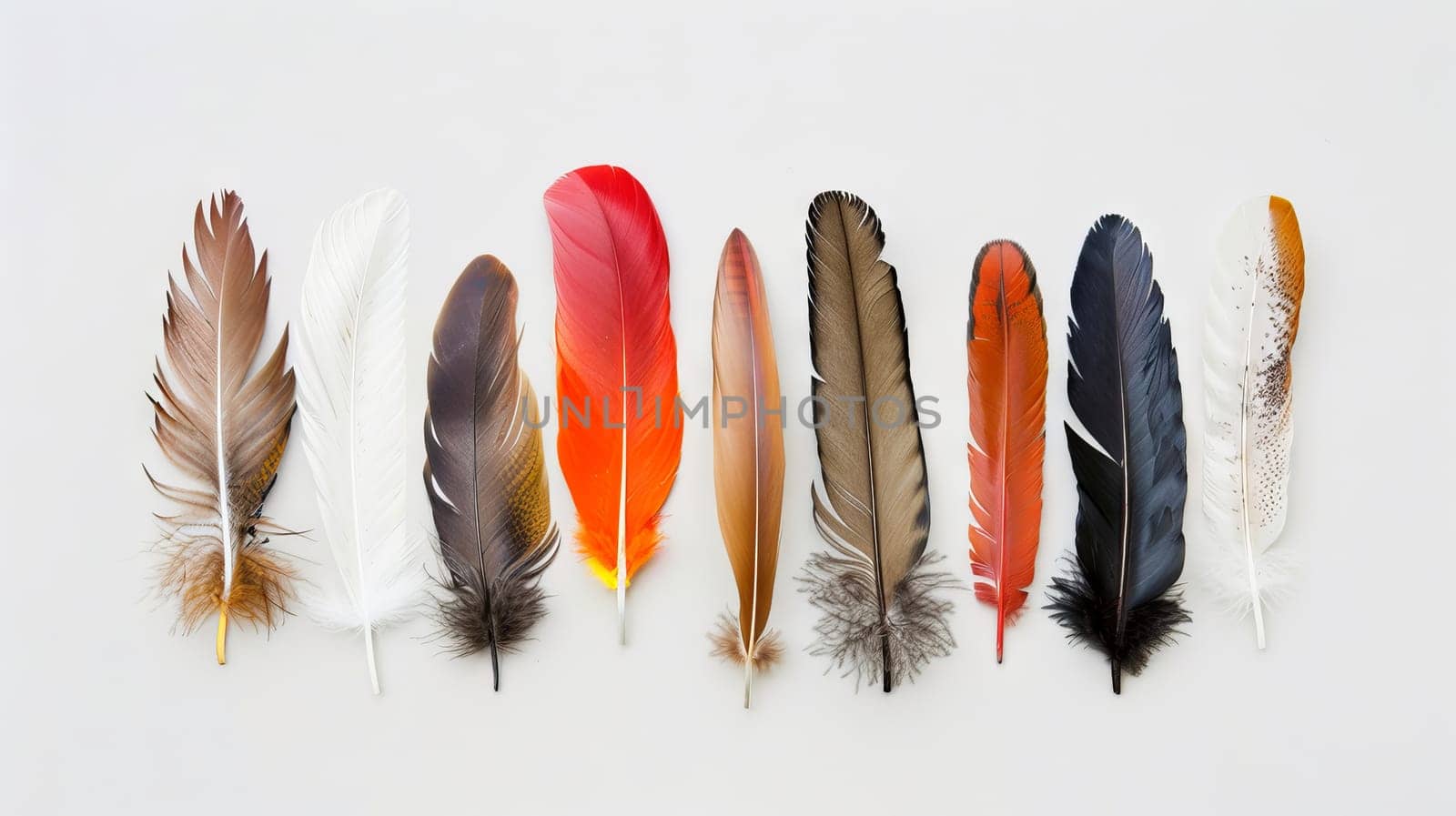 Feathers with a bohemian twist arranged in a captivating display on a pure white backdrop