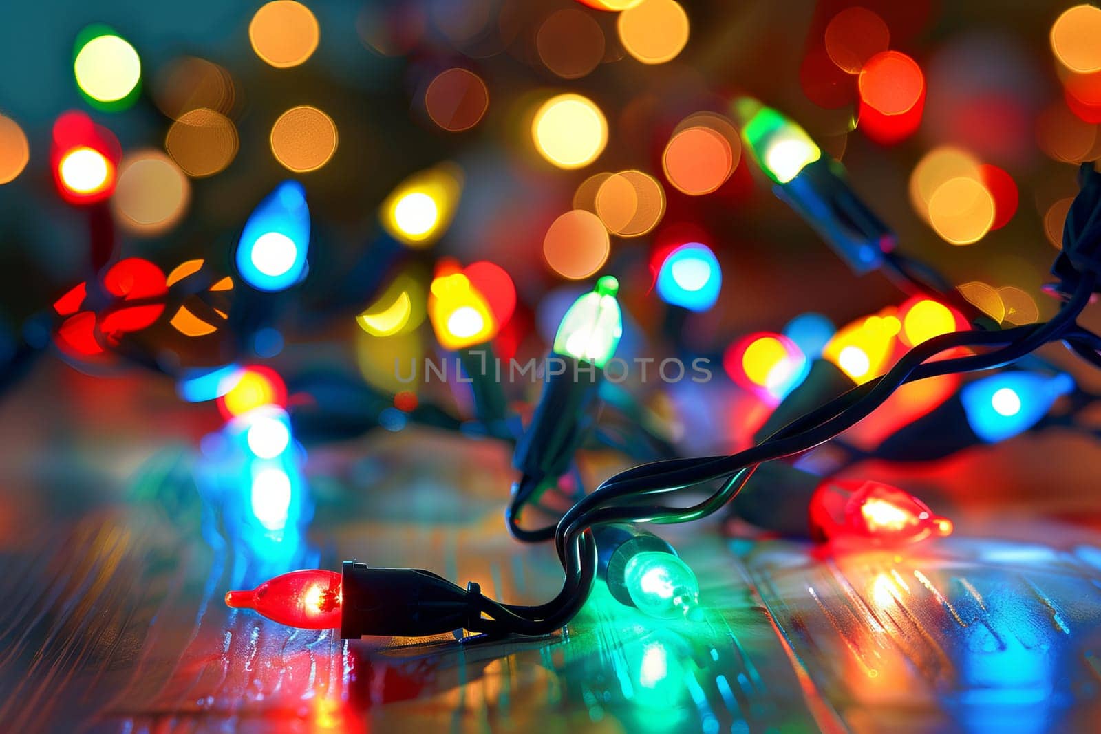Festive Christmas lights against a soft transparent white surface, evoking holiday spirit