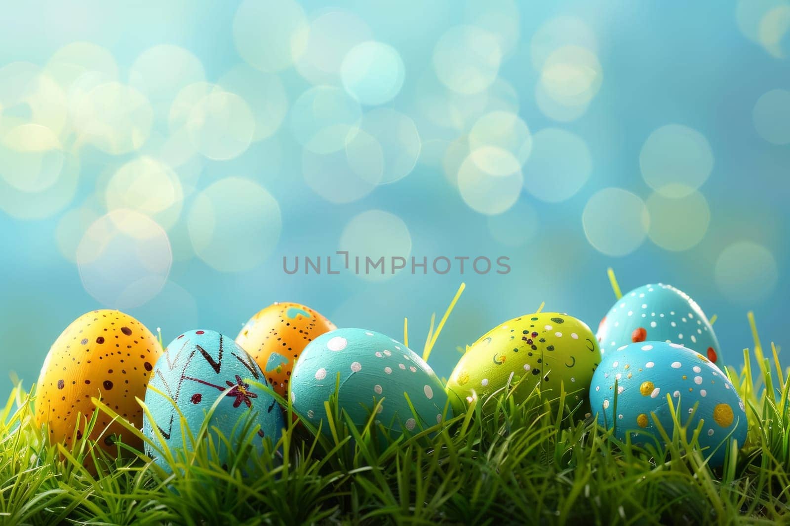 Festive Easter background with painted eggs and green grass