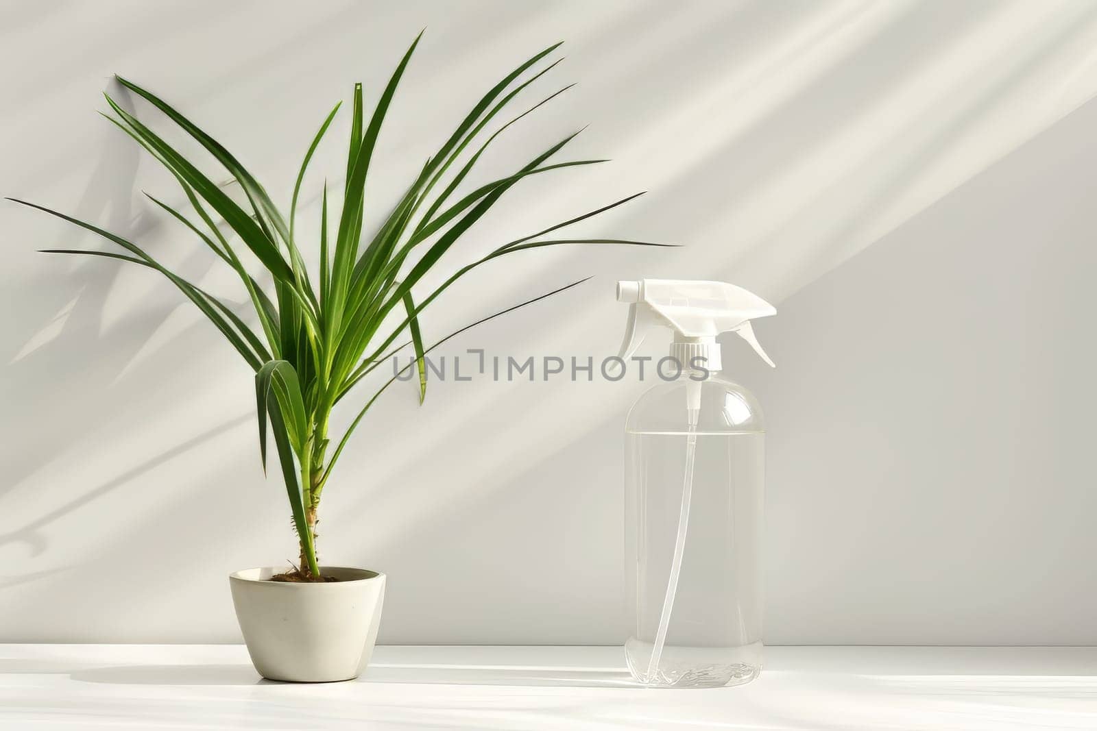 Gardening spray bottle on a soft transparent white surface, perfect for plant care graphics