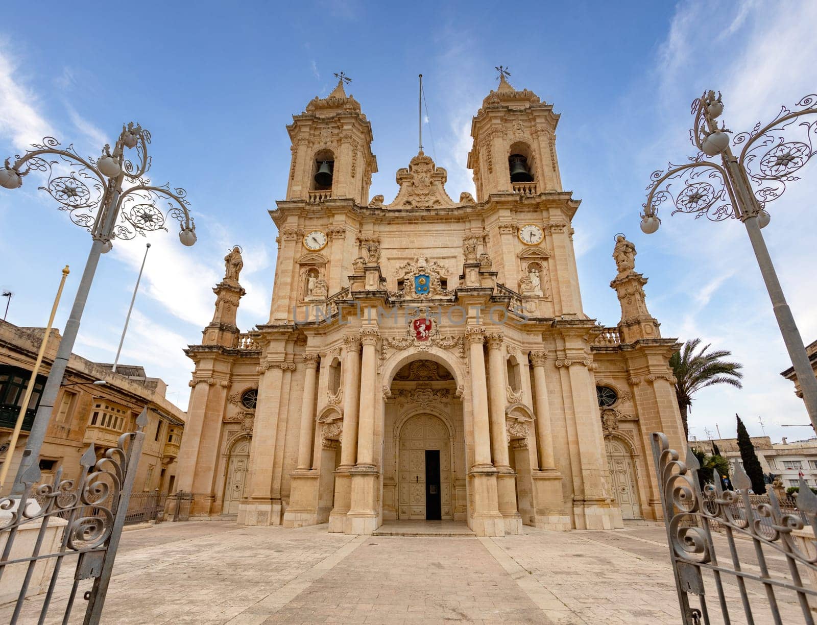 Majestic Zabbar Parish Church in Malta, a symbol of faith and heritage, standing tall against the blue sky.