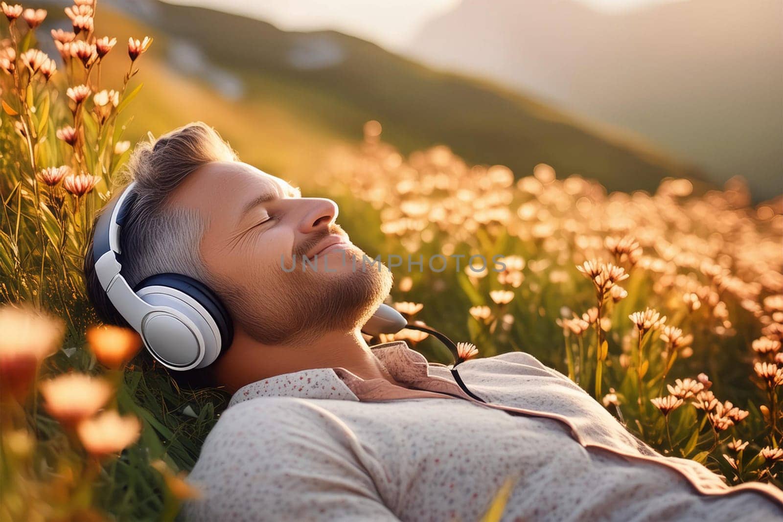 Happy young man businessman resting and relaxing after work listening to music at sunset in flower meadow in mountains.