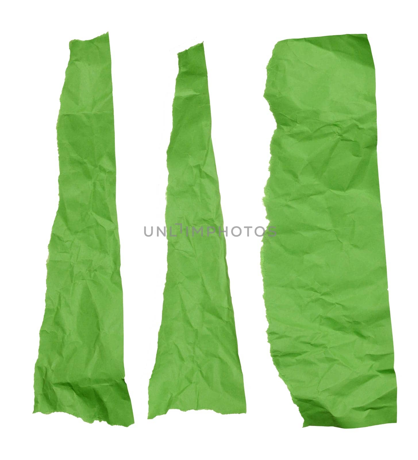 Torn piece of green crumpled paper on isolated background, set