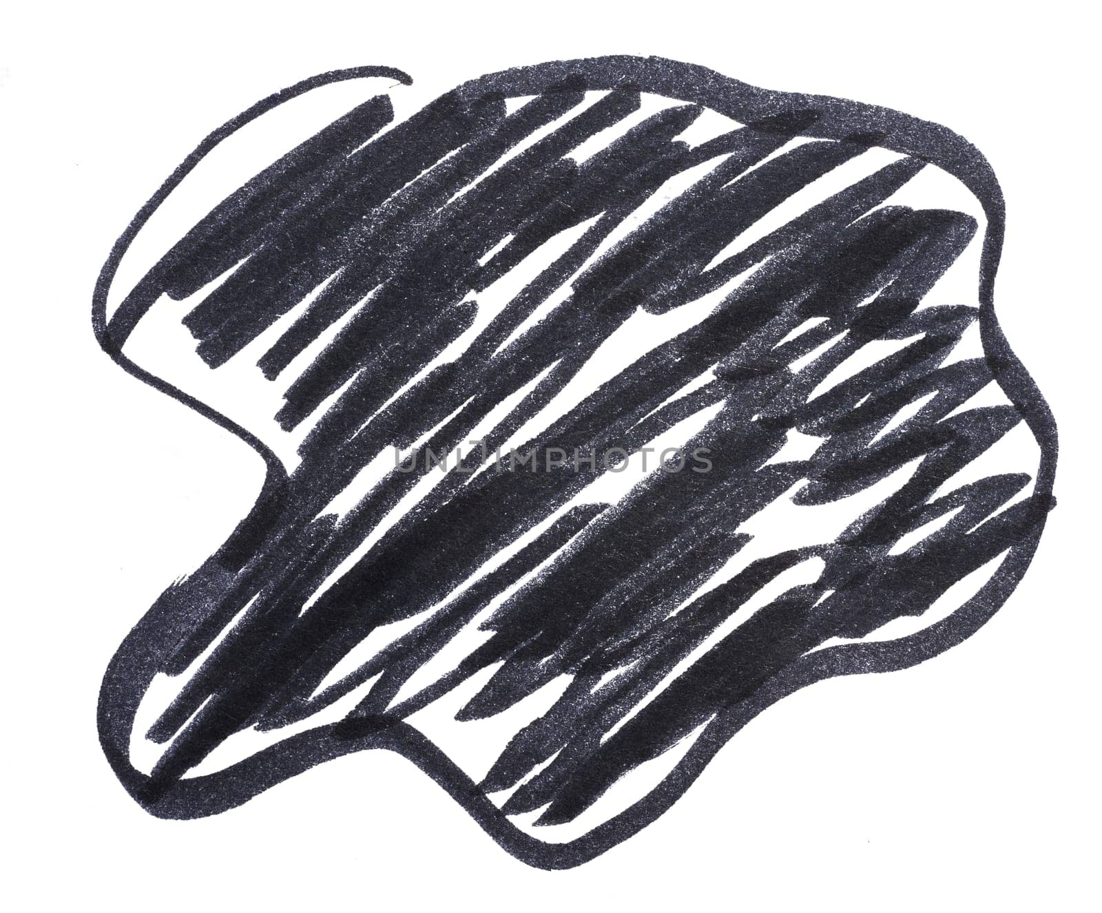 A figure drawn with a black felt-tip pen and shaded on an isolated background, blot