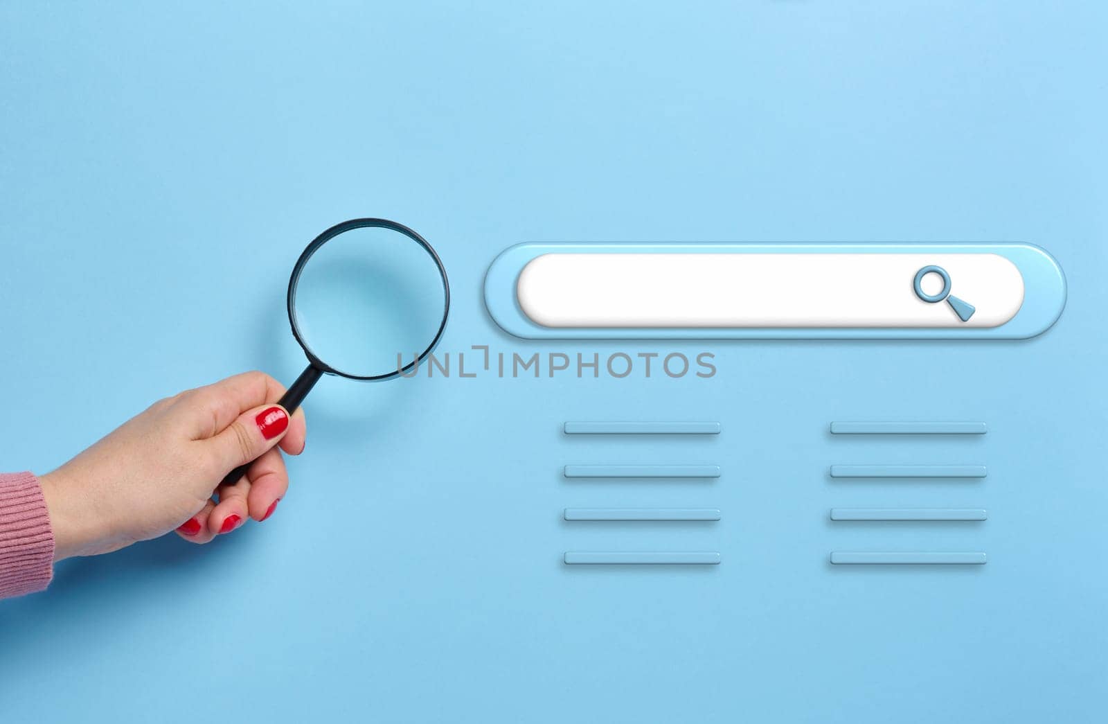 Search bar and a woman's hand with a magnifying glass on a blue background, searching for information on the World Wide Web of the Internet