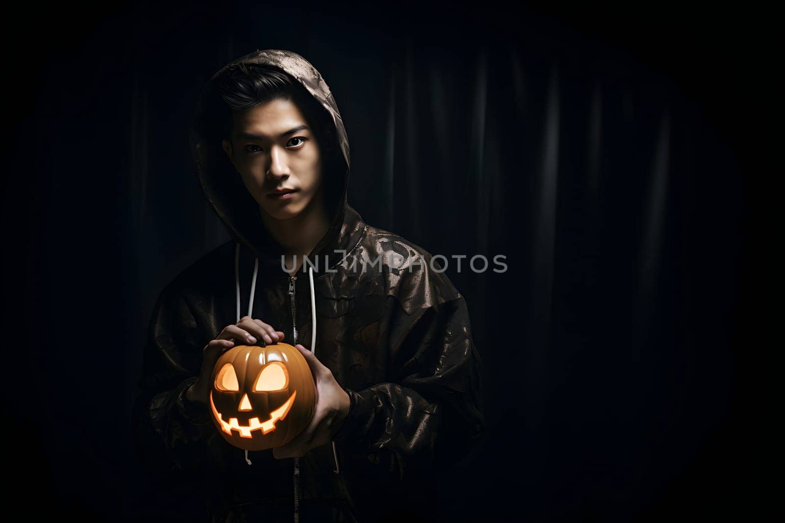 Mysterious Asian individual in a hood holds a carved Jack-O'-Lantern, set against a dark, eerie background.